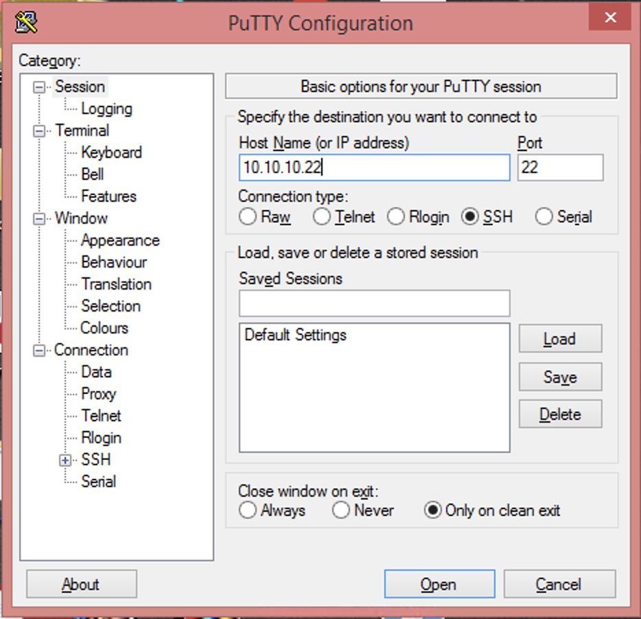New putty session